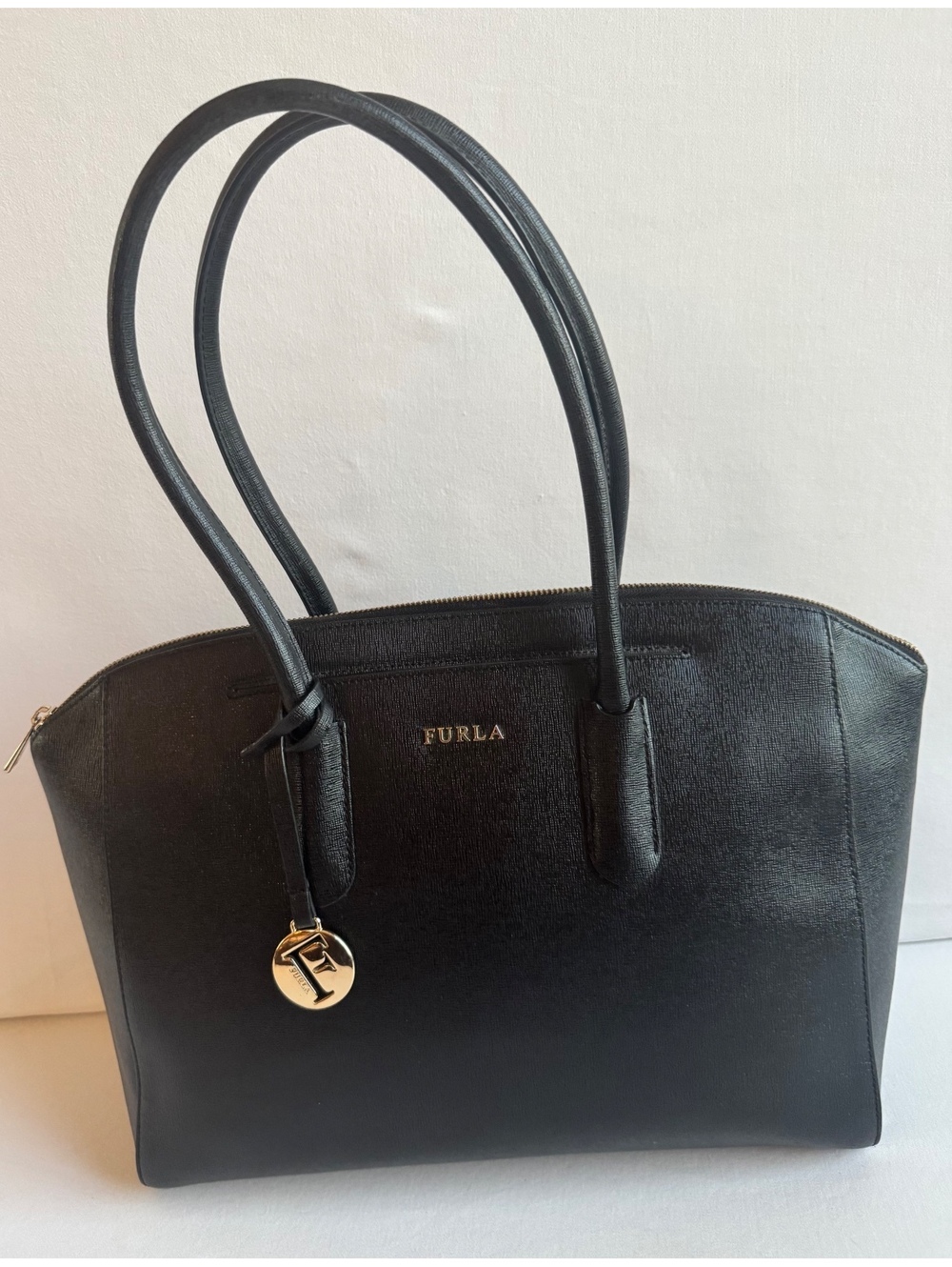 Furla Tessa Large Tote Black Saffiano Leather Gold F Charm Zip Top